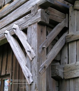 Timber buildings - structure and decoration of timber houses, barns, churches, etc. 2 Timber structure with supporting frame consisting of post, beam and parallel braces