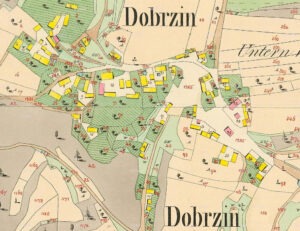 Dobřeň v CHKO Kokořínsko - půdorys vesnic a historické stavby 1 Obec Dobřeň na mapě stabilního katastru