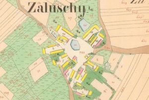 Jihočeská vesnice Záluží u Vlastiboře na historické mapě stabilního katastru